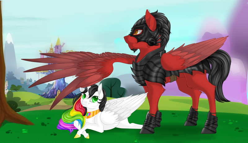 Size: 4950x2858 | Tagged: safe, artist:schokocream, derpibooru import, oc, oc:lightning bliss, oc:toonkriticy2k, unofficial characters only, alicorn, pony, alicorn oc, armor, duo, female, horn, image, lying down, male, mare, one wing out, outdoors, png, prone, stallion, wings