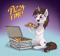 Size: 1920x1796 | Tagged: safe, artist:magfen, derpibooru import, oc, oc:flower star, pony, unicorn, commission, female, food, glasses, image, jpeg, mare, meat, open mouth, pepperoni, pizza, sitting up, solo, ych result