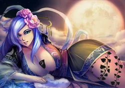 Size: 3713x2625 | Tagged: suggestive, artist:bakki, edit, princess luna, human, absolute cleavage, bedroom eyes, big breasts, blacked, breasts, busty princess luna, cleavage, clothes, cloud, curvy, divine, eyeshadow, female, flower, flower in hair, full moon, goddess, grin, hanfu, huge breasts, humanized, image, jpeg, looking at you, makeup, mid-autumn festival, moon, night, queen of spades, robe, seductive pose, sexy, side, smiling, solo, solo female, stupid sexy princess luna, tattoo