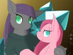 Size: 1600x1200 | Tagged: safe, artist:sc_kis_rko, derpibooru import, maud pie, pinkie pie, earth pony, pony, colored pupils, crystal, duo, female, hoof around neck, image, jpeg, looking at you, mare, pinkamena diane pie, siblings, sisters, sparkles