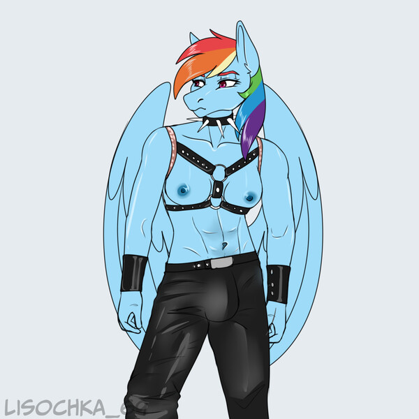Size: 1280x1280 | Tagged: questionable, artist:lisochka69, derpibooru import, rainbow dash, ponified, anthro, pegasus, pony, abs, belly button, breasts, bulges, busty rainbow dash, clothes, collar, crotch bulge, digital art, futa, futa rainbow dash, gachimuchi, harness, image, intersex, jpeg, nipples, nudity, pants, partial nudity, simple background, solo, spiked collar, spread wings, tack, tail, thighs, topless, wings, wristband