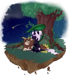 Size: 800x875 | Tagged: safe, artist:lavvythejackalope, derpibooru import, oc, unofficial characters only, pony, unicorn, commission, duo, floating island, hat, horn, image, looking up, night, png, shooting star, simple background, stars, sun hat, transparent background, tree, unicorn oc, ych result