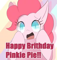 Size: 1181x1246 | Tagged: safe, artist:sc_kis_rko, derpibooru import, earth pony, pony, abstract background, bust, female, happy birthday, hooves on cheeks, image, jpeg, mare, open mouth, open smile, pinkie pie's birthday, smiling, solo