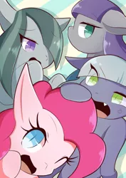 Size: 1191x1684 | Tagged: safe, artist:sc_kis_rko, derpibooru import, limestone pie, marble pie, maud pie, pinkie pie, earth pony, pony, abstract background, cross-popping veins, eye clipping through hair, female, floppy ears, hair over one eye, hoof on head, image, jpeg, mare, one eye closed, open mouth, pie sisters, siblings, sisters, wink