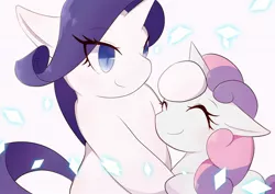 Size: 1684x1191 | Tagged: safe, artist:sc_kis_rko, derpibooru import, rarity, sweetie belle, pony, unicorn, duo, eye clipping through hair, eyes closed, female, floppy ears, hoof on head, image, jpeg, mare, siblings, sisters, smiling