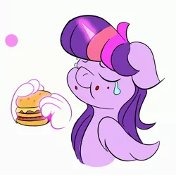 Size: 4096x4096 | Tagged: safe, artist:alexsc112, derpibooru import, twilight sparkle, twilight sparkle (alicorn), alicorn, pony, burger, crying, eyes closed, floppy ears, food, hamburger, hand, image, jpeg, magic, magic hands, messy eating, smiling, solo, tears of joy, teary eyes, telekinesis, that pony sure does love burgers, twilight burgkle