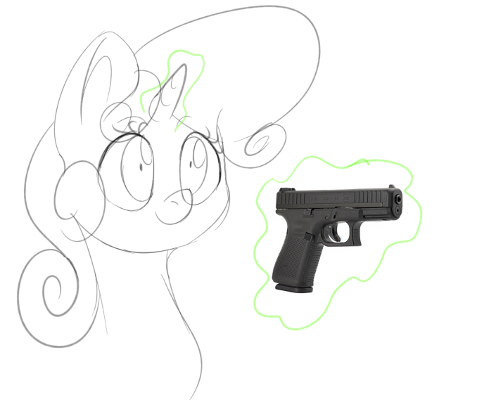 Size: 705x569 | Tagged: safe, artist:alexsc112, derpibooru import, sweetie belle, pony, unicorn, delet this, gun, handgun, image, levitation, magic, pistol, png, sketch, smiling, solo, telekinesis, weapon