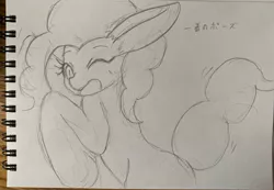 Size: 2048x1419 | Tagged: safe, artist:sc_kis_rko, derpibooru import, pinkie pie, earth pony, pony, female, image, jpeg, mare, monochrome, one eye closed, open mouth, sketch, solo, traditional art