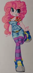 Size: 1710x3796 | Tagged: safe, artist:shadowhawx95, derpibooru import, pinkie pie, equestria girls, breasts, cleavage, clothes, grin, happy, image, jpeg, looking at you, overalls, pencil drawing, smiling, socks, solo, striped legwear, thigh highs, traditional art