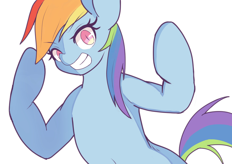 Size: 1684x1191 | Tagged: safe, artist:sc_kis_rko, derpibooru import, rainbow dash, pegasus, pony, female, flexing, grin, image, jpeg, mare, simple background, smiling, solo, white background, wingless