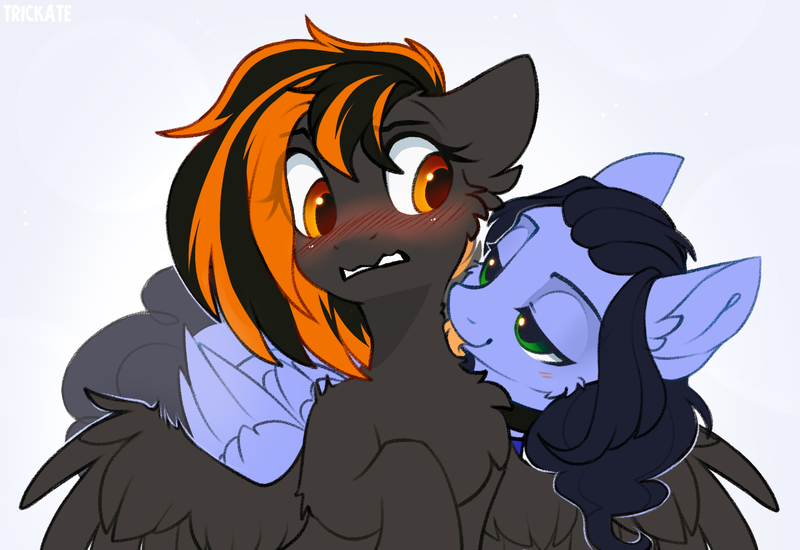 Size: 1500x1031 | Tagged: safe, artist:trickate, derpibooru import, oc, unofficial characters only, pegasus, female, from behind, image, licking, neck licking, png, rcf community, tongue out