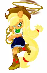 Size: 776x1200 | Tagged: safe, artist:shadowhawx95, derpibooru import, applejack, anthro, earth pony, plantigrade anthro, beautiful, beautiful eyes, beautiful hair, belt, blonde hair, boots, clothes, cowboy boots, cowboy hat, cowgirl, cute, denim skirt, equestria girls outfit, freckles, green eyes, hat, high heel boots, high heels, image, jpeg, lasso, looking at you, orange skin, raised leg, rope, shoes, simple background, skirt, smiling, solo, stetson, white background, yellow hair