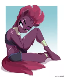 Size: 2879x3467 | Tagged: suggestive, artist:lummh, derpibooru import, tempest shadow, anthro, unguligrade anthro, unicorn, abs, bandage, broken horn, clothes, cute, female, fighter, hand wraps, high res, horn, image, jpeg, leg wraps, lidded eyes, looking back, midriff, movie, scar, serious, shorts, solo, solo female, sports bra, sports shorts, tanktop, training