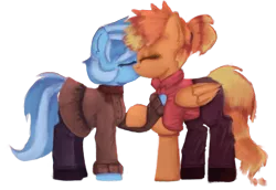 Size: 1625x1117 | Tagged: safe, alternate version, artist:menalia, derpibooru import, oc, oc:freezy coldres, oc:shiny flames, unofficial characters only, pegasus, pony, unicorn, clothes, eyes closed, female, image, implied unicorn, kissing, lesbian, love, mare, pants, png, ponytail, scarf, shirt, shoes, simple background, skirt, transparent background, wings