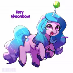 Size: 1263x1263 | Tagged: safe, artist:riukime, derpibooru import, izzy moonbow, pony, unicorn, ball, bracelet, cute, female, g5, horn, horn guard, horn impalement, hornball, image, izzy's tennis ball, izzybetes, jewelry, jpeg, mare, open mouth, simple background, solo, tennis ball, text, unshorn fetlocks, white background