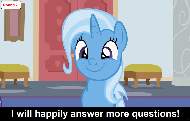 Size: 1920x1218 | Tagged: safe, artist:agrol, derpibooru import, edit, edited screencap, screencap, trixie, pony, unicorn, comic:celestia's servant interview, headmare of the school, caption, cs captions, cute, diatrixes, female, furniture, image, interview, looking at you, mare, missing accessory, png, solo, text, wide smile