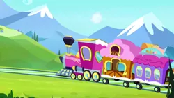 Size: 1280x727 | Tagged: safe, derpibooru import, screencap, equestria games (episode), background, friendship express, hill, image, mountain, no pony, png, scenery, scenic ponyville, train