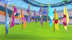 Size: 1280x727 | Tagged: safe, derpibooru import, screencap, equestria games (episode), background, cloudsdale flag, crowd, crystal empire, crystal empire flag, flag, image, png, ponyville flag, scenic ponyville, stadium