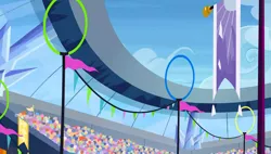 Size: 1280x727 | Tagged: safe, derpibooru import, screencap, equestria games (episode), background, banner, cloud, crowd, crystal empire, image, png, scenic ponyville, stadium