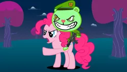 Size: 1024x576 | Tagged: safe, artist:nemaohtf, derpibooru import, pinkie pie, angry, background, evil, evil grin, flippy, grin, gun, happy tree friends, image, jpeg, lock and load, pointing, raised hoof, smiling, this will end in death, this will end in pain, this will not end well, weapon