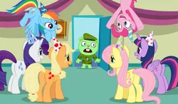 Size: 2283x1336 | Tagged: safe, artist:culu-bluebeaver, derpibooru import, applejack, fluttershy, pinkie pie, rainbow dash, rarity, twilight sparkle, twilight sparkle (alicorn), alicorn, birthday hats, butt, female, flippy, happy tree friends, hat, house, image, mane, mane six, party hat, plot, png, this will end in death, upside down