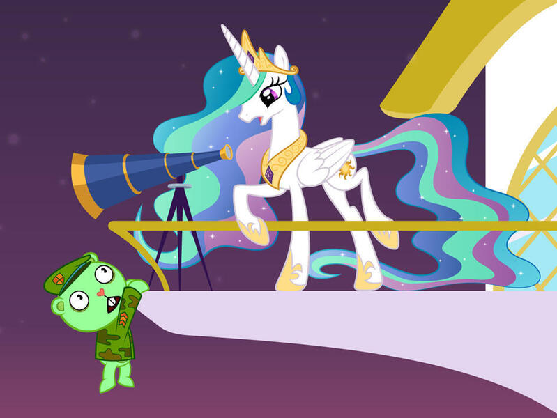 Size: 945x710 | Tagged: safe, artist:culu-bluebeaver, derpibooru import, princess celestia, alicorn, pony, background, flippy, happy tree friends, image, jpeg, telescope, this will end in death, this will not end well