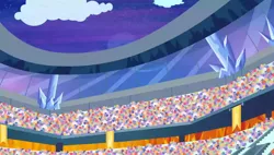 Size: 1280x727 | Tagged: safe, derpibooru import, screencap, equestria games (episode), background, banner, cloud, crowd, crystal, crystal empire, image, night, no pony, png, scenic ponyville, stadium