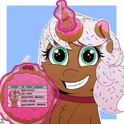 Size: 2000x2000 | Tagged: safe, artist:h3nger, derpibooru import, oc, oc:donut, ponified, food pony, original species, pony, unicorn, chest fluff, donut, food, grin, horn, horn impalement, horny on main, image, levitation, looking at you, magic, png, smiling, solo, sprinkles, telekinesis