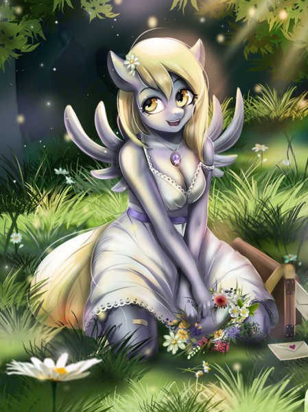 Size: 850x1135 | Tagged: safe, artist:mdwines, derpibooru import, derpy hooves, ditzy doo, anthro, pegasus, breasts, canon, cleavage, clothes, cute, dress, fanart, female, flower, flower in hair, forest, image, mail, mdwi, park, png, solo, summer, tree, white dress