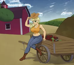 Size: 4762x4202 | Tagged: safe, artist:thehuskylord, derpibooru import, applejack, human, apple, apple cart, applejack's hat, barn, belly button, big breasts, boots, breasts, busty applejack, cart, cleavage, clothes, cowboy hat, food, hat, hat tip, humanized, image, looking at you, midriff, orchard, pants, png, ponytail, shoes, smiling, solo, sweet apple acres, tanktop, tree, wheel, wide hips