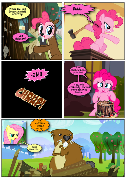 Size: 868x1230 | Tagged: safe, artist:dziadek1990, derpibooru import, edit, edited screencap, screencap, fluttershy, mr. beaverton beaverteeth, pinkie pie, beaver, a friend in deed, keep calm and flutter on, secret of my excess, birthday, cake, chocolate, clothes, comic, conversation, costume, dam, dialogue, food, image, png, polish, screencap comic, text, tree, wood