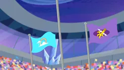 Size: 1280x727 | Tagged: safe, derpibooru import, screencap, equestria games (episode), background, cloudsdale flag, crowd, crystal, crystal empire, flag, image, png, scenic ponyville, stadium, twilight (astronomy)