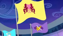 Size: 1280x727 | Tagged: safe, derpibooru import, screencap, equestria games (episode), background, cloud, cloudsdale flag, crystal empire, image, no pony, png, ponyville flag, scenic ponyville, stadium, twilight (astronomy)