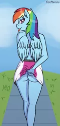 Size: 1431x3000 | Tagged: suggestive, artist:donmarcino, derpibooru import, rainbow dash, anthro, pegasus, ass, bottomless, butt, clothes, cloud, commando, ear fluff, exhibitionism, feathered wings, female, flashing, grass, image, lidded eyes, looking at you, looking back, looking back at you, multicolored hair, no panties, outdoors, partial nudity, pavement, pink eyes, png, rainbutt dash, rear view, signature, skirt, skirt lift, sky, smiling, solo, solo female, standing, tongue out, upskirt, wings