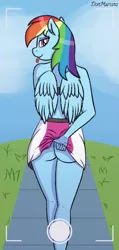 Size: 1431x3000 | Tagged: suggestive, alternate version, artist:donmarcino, derpibooru import, rainbow dash, anthro, pegasus, ass, bottomless, butt, camera shot, clothes, cloud, commando, ear fluff, exhibitionism, feathered wings, female, flashing, grass, image, lidded eyes, looking at you, looking back, looking back at you, multicolored hair, no panties, outdoors, partial nudity, pavement, pink eyes, png, rainbutt dash, rear view, signature, skirt, skirt lift, sky, smiling, solo, solo female, standing, tongue out, upskirt, wings