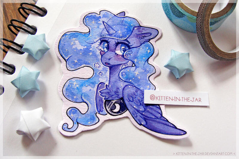 Size: 1024x683 | Tagged: safe, artist:kitten-in-the-jar, derpibooru import, princess luna, alicorn, pony, bust, chest fluff, colored pupils, crying, cute, cutout, ear fluff, image, jpeg, lunabetes, origami, photo, solo, stars, traditional art, watercolor painting