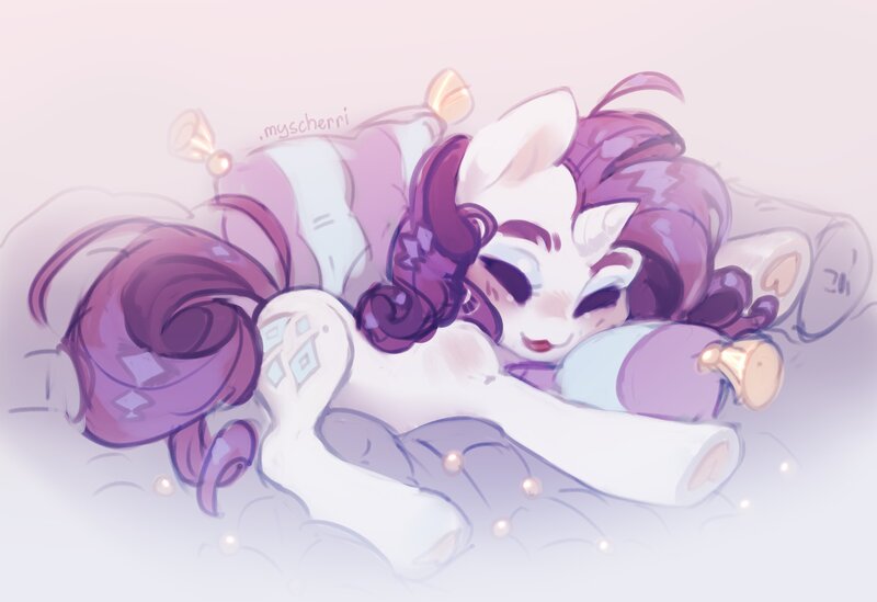 Size: 2685x1842 | Tagged: safe, artist:myscherri, derpibooru import, rarity, pony, unicorn, :3, cute, eyes closed, female, frog (hoof), image, jpeg, lying down, mare, pillow, prone, raribetes, solo, underhoof