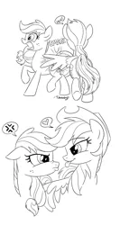 Size: 1066x2001 | Tagged: safe, artist:sketchyjackie, derpibooru import, applejack, rainbow dash, earth pony, pegasus, pony, :p, accessory swap, accessory theft, appledash, applejack is not amused, behind, butt touch, cropped, cross-popping veins, feathermarking, female, floating heart, heart, image, lesbian, lineart, mare, open mouth, png, pouty lips, raised hoof, shipping, simple background, smack, smiling, spanking, standing, surprised, tongue out, unamused, white background, wing slap