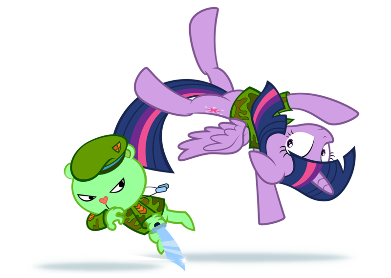 Size: 1096x780 | Tagged: safe, artist:culu-bluebeaver, derpibooru import, twilight sparkle, twilight sparkle (alicorn), alicorn, bear, pony, action, close call, clothes, fight, flippy, happy tree friends, image, knife, png, this will end in pain