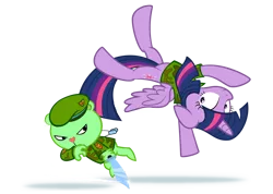 Size: 1096x780 | Tagged: safe, artist:culu-bluebeaver, derpibooru import, twilight sparkle, twilight sparkle (alicorn), alicorn, bear, pony, action, close call, clothes, fight, flippy, happy tree friends, image, knife, png, this will end in pain