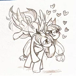 Size: 2048x2048 | Tagged: safe, artist:hellopuns, derpibooru import, applejack, rainbow dash, earth pony, pegasus, pony, appledash, cheek squish, eyes closed, female, floating heart, flying, heart, hoof on chest, hug, image, jpeg, lesbian, nuzzling, open mouth, open smile, pencil drawing, raised hoof, shipping, simple background, smiling, spread wings, squishy cheeks, standing, traditional art, white background, wings