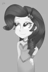 Size: 2000x3000 | Tagged: safe, artist:pearlymarshmallow, derpibooru import, rarity, equestria girls, equestria girls series, rarity investigates: the case of the bedazzled boot, black and white, clothes, detective rarity, dress, female, gray background, grayscale, image, looking away, monochrome, png, simple background, smiling, solo
