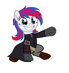 Size: 1349x1434 | Tagged: safe, artist:ngthanhphong, derpibooru import, oc, oc:snowi, pony, fallout equestria, fallout equestria: project horizons, blue eyes, blue hair, boots, clothes, eyelashes, fallout, fanfic art, female, image, mare, pants, png, red and blue, red hair, shoes, smiley face, uniform, white pony