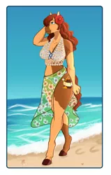 Size: 2269x3569 | Tagged: safe, artist:blackblood-queen, derpibooru import, oc, oc:honeypot meadow, unofficial characters only, anthro, earth pony, pony, unguligrade anthro, anthro oc, beach, beauty mark, bikini, blaze (coat marking), clothes, coat markings, commission, digital art, earth pony oc, facial markings, female, flower, flower in hair, image, mare, png, signature, sky, smiling, solo, swimsuit, two piece swimsuit, water, wave