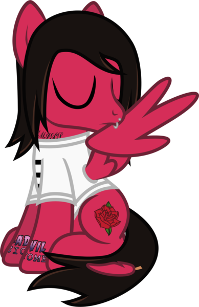 Size: 743x1145 | Tagged: safe, artist:lightningbolt, derpibooru import, ponified, pegasus, pony, .svg available, clothes, derpibooru exclusive, eyes closed, feather, grooming, image, lip piercing, male, mike fuentes, pierce the veil, piercing, png, preening, shirt, simple background, sitting, solo, stallion, t-shirt, tattoo, transparent background, vector, wings