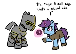 Size: 684x483 | Tagged: safe, artist:neuro, oc, unofficial characters only, pony, unicorn, armor, crusader, dialogue, duo, fantasy class, female, helmet, horn, image, knight, magic, magic 8 ball, mare, open mouth, paladin, pink eyes, png, raised hoof, simple background, telekinesis, unicorn oc, warrior, white background