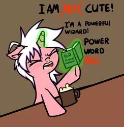 Size: 848x870 | Tagged: safe, artist:neuro, oc, unofficial characters only, pony, unicorn, alcohol, blatant lies, blushing, cute, dialogue, dungeons and dragons, female, floppy ears, horn, image, magic, mare, mug, open mouth, pen and paper rpg, png, raised hoof, rpg, solo, telekinesis, unicorn oc, yelling