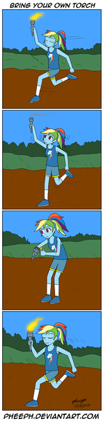 Size: 661x2667 | Tagged: safe, artist:pheeph, derpibooru import, rainbow dash, equestria girls, comic, image, lighter, old master q, olympic torch, parody, png, torch