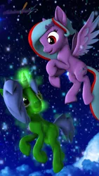 Size: 2160x3840 | Tagged: safe, artist:melodiousmarci, derpibooru import, oc, oc:omega(omegacreeper), oc:star beats, pegasus, unicorn, 3d, cloud, flying, image, looking at each other, magic, magic aura, night, oc x oc, omegamarci, png, shipping, source filmmaker, stars