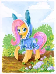 Size: 949x1233 | Tagged: safe, artist:maytee, derpibooru import, fluttershy, pegasus, pony, bunny ears, bush, clothes, costume, cute, dangerous mission outfit, female, flower, goggles, hood, hoodie, image, jpeg, mare, marker drawing, shyabetes, solo, traditional art